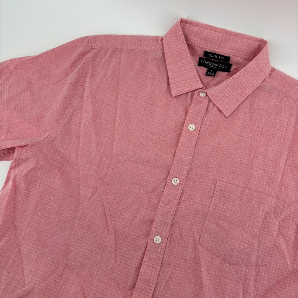 London Fog Button Down‎ Shirt Mens Large Pink Slim Fit Short Sleeve Cotton